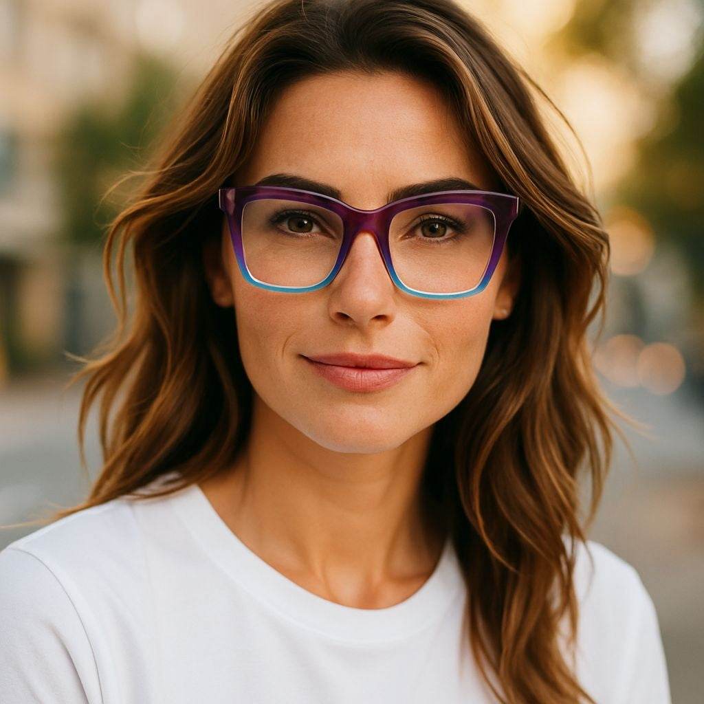 Woman wearing purple and blue square reading glasses with blue light filter on a blurred outdoor background