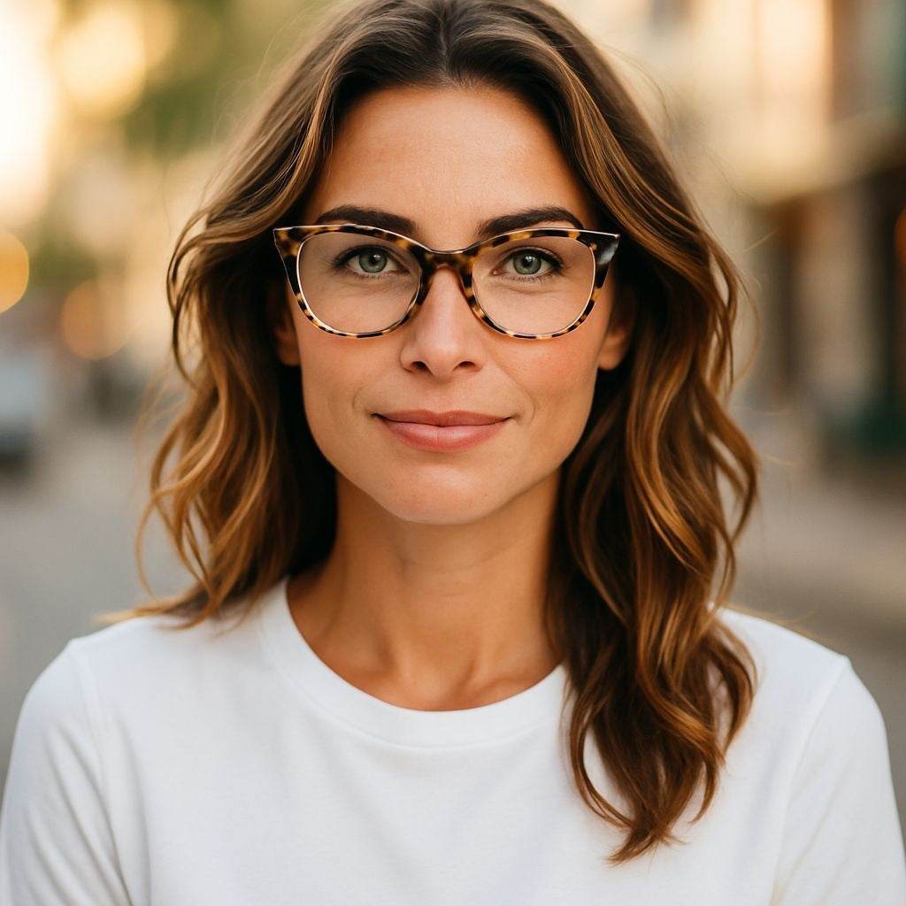 Creamy Ivory Tortoiseshell Woman wearing creamy ivory tortoiseshell cat eye reading glasses with blue light filter
