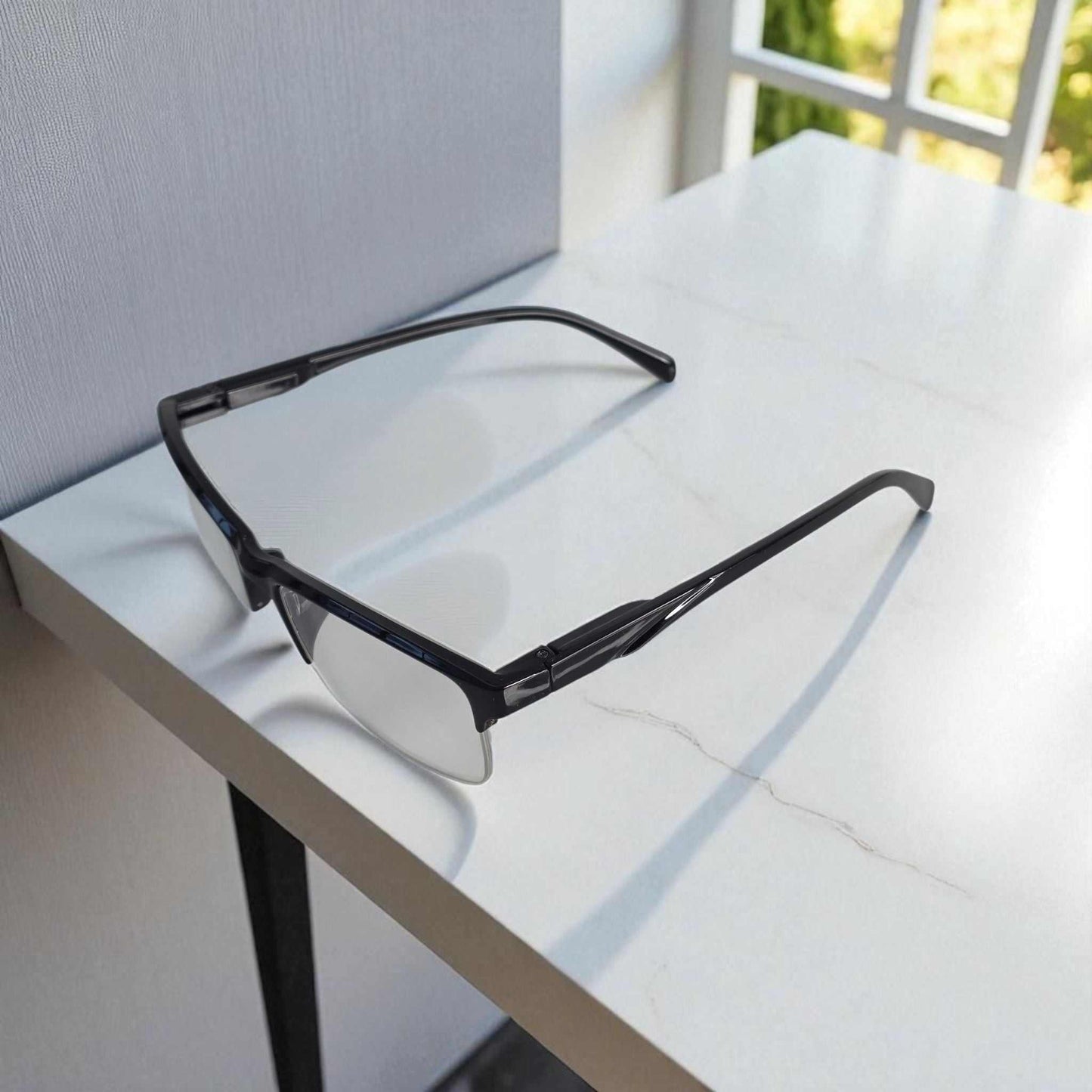 Mens half frame square reading glasses with blue light filter lenses designed for men