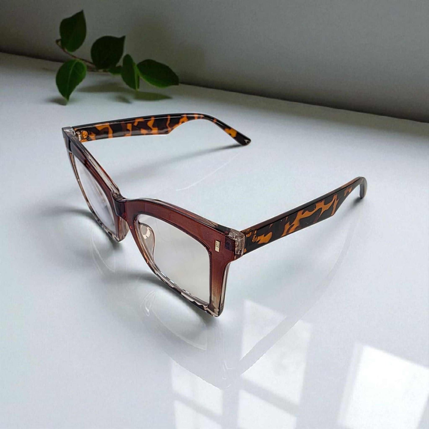 Animal Print and Tortoiseshell reading glasses with blue light filter and large square frames on a white surface.