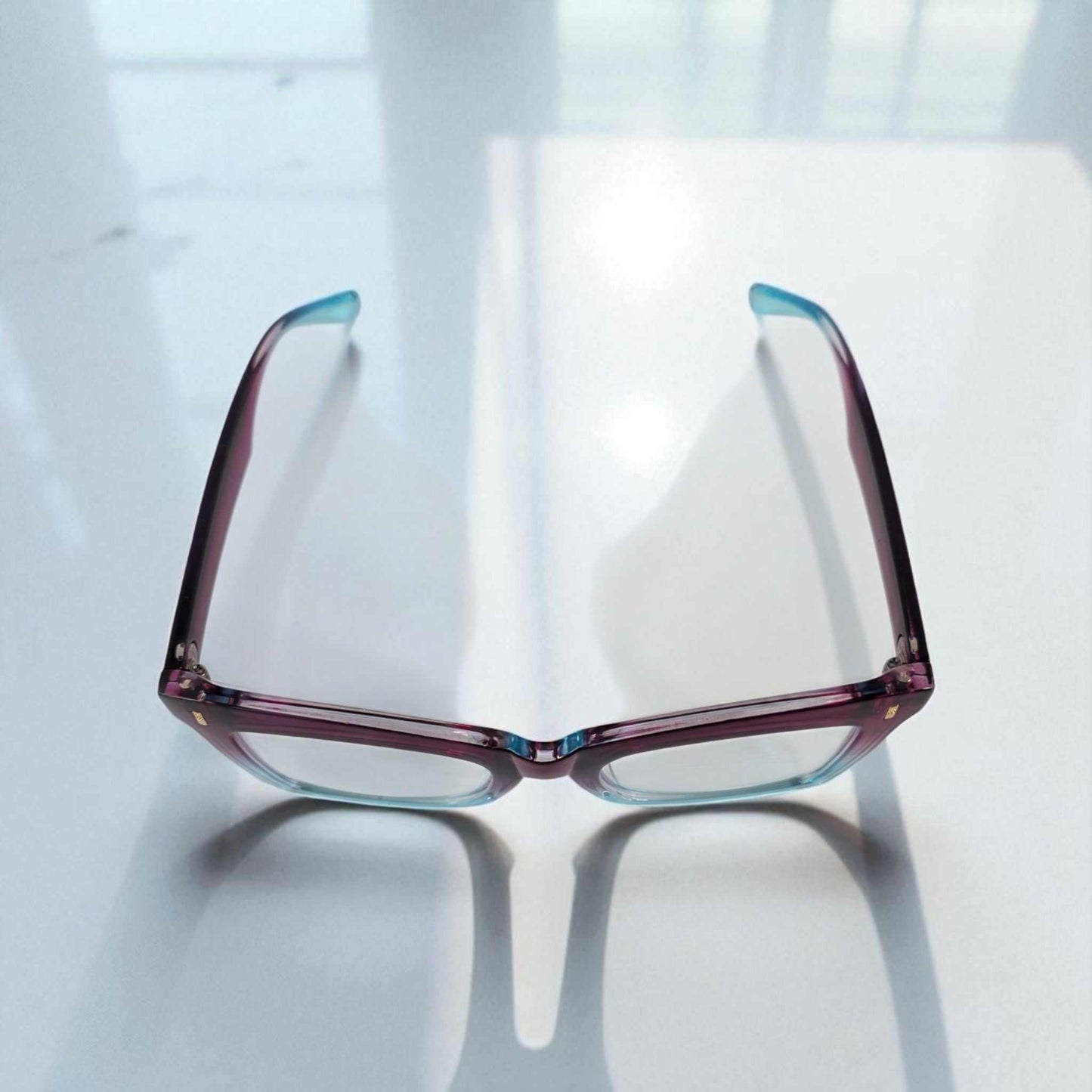 Purple and blue square reading glasses with blue light filter for eye protection and style