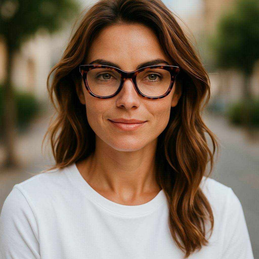 Bold Tortoiseshell Woman wearing bold tortoiseshell cat eye reading glasses with blue light filter outdoors