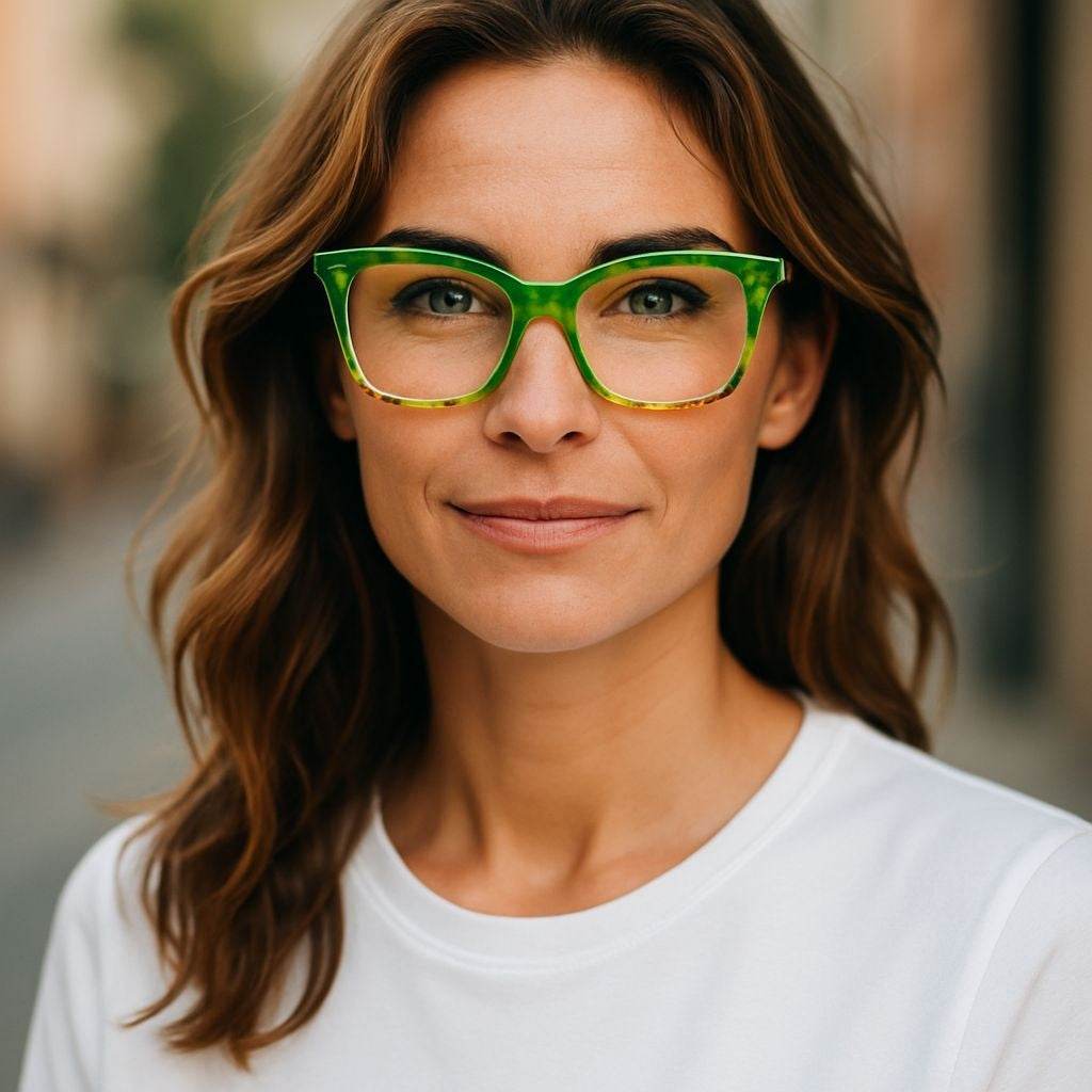 Woman wearing green and bold reading glasses with blue light filter, smiling outdoors