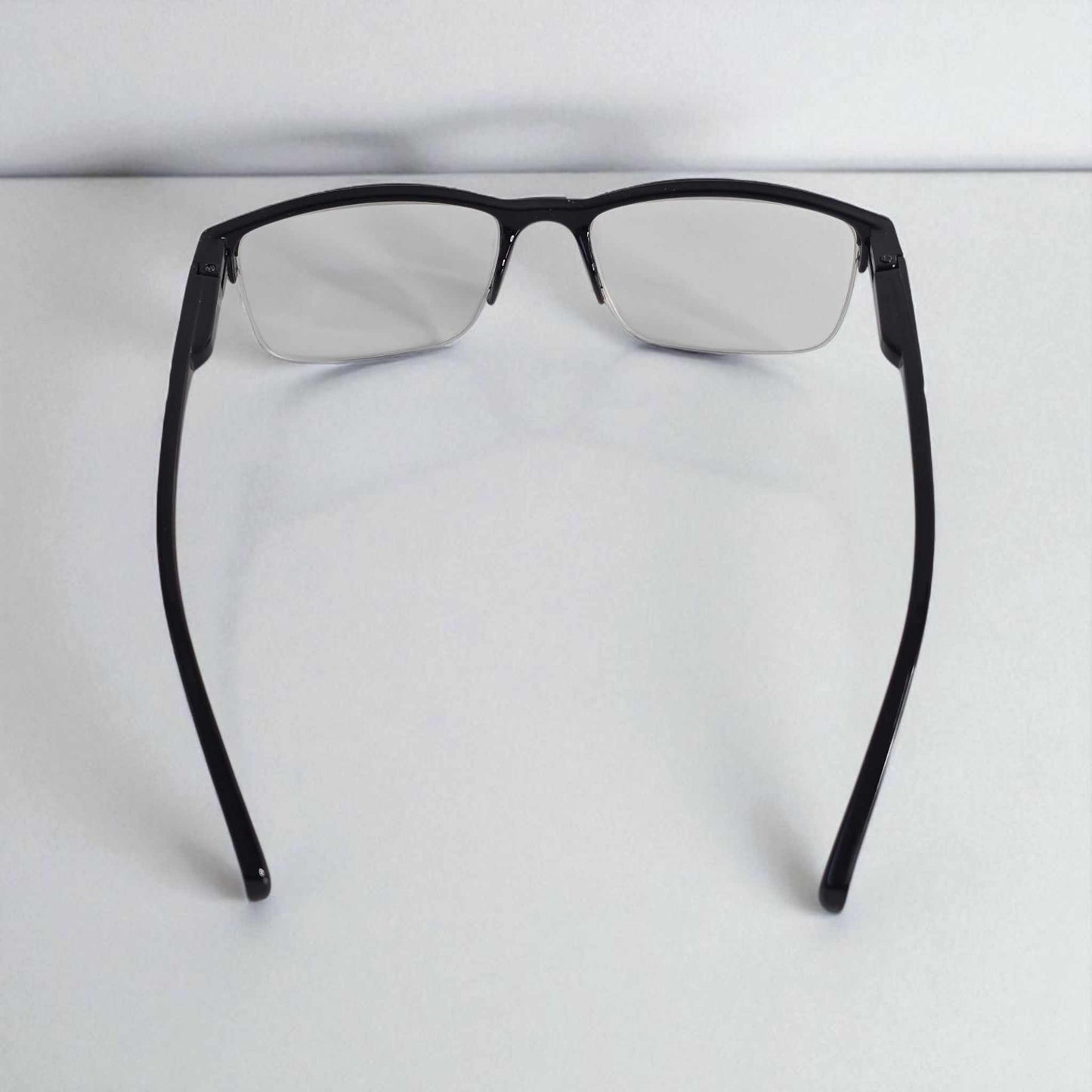 Mens half frame square reading glasses with blue light filter and black frame viewed from above