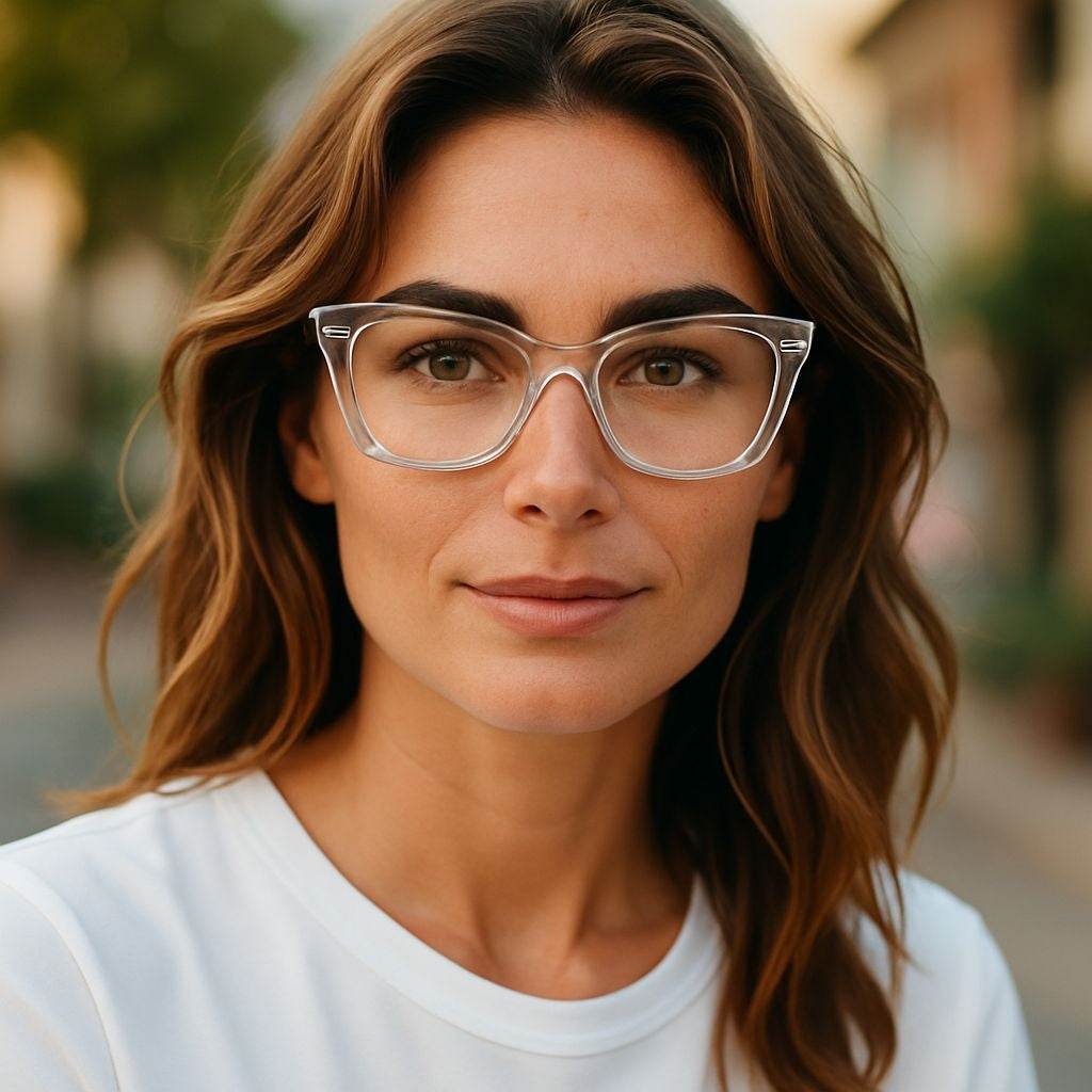 Woman wearing icy crystal clear tortoiseshell reading glasses with blue light filter outdoors