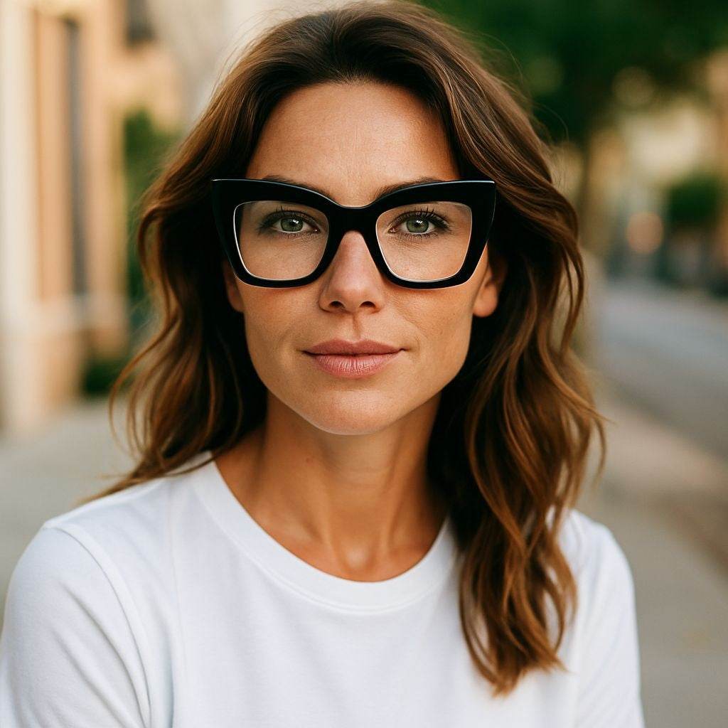 Black oversized cat eye reading glasses with blue light filter worn by woman
