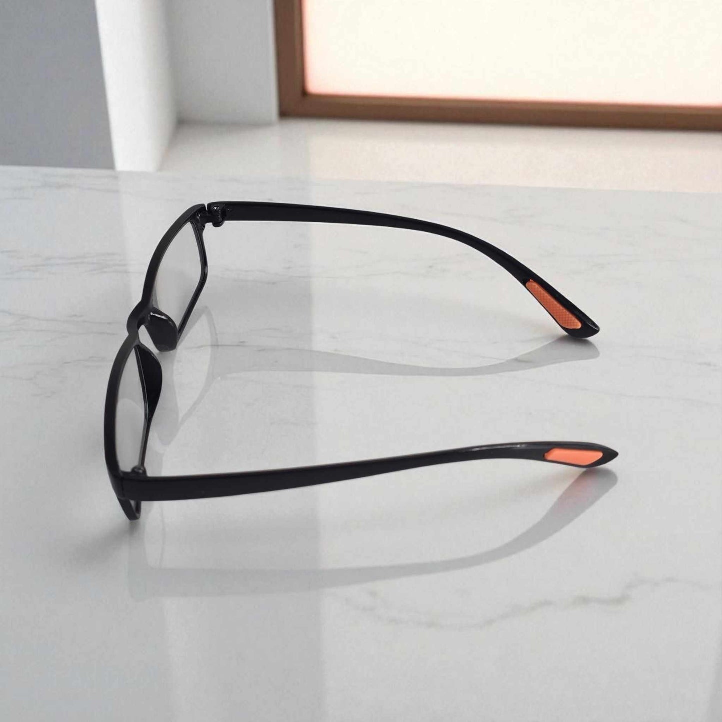 Mens Basic Sturdy Reading Glasses with blue light filter and black frame on white surface