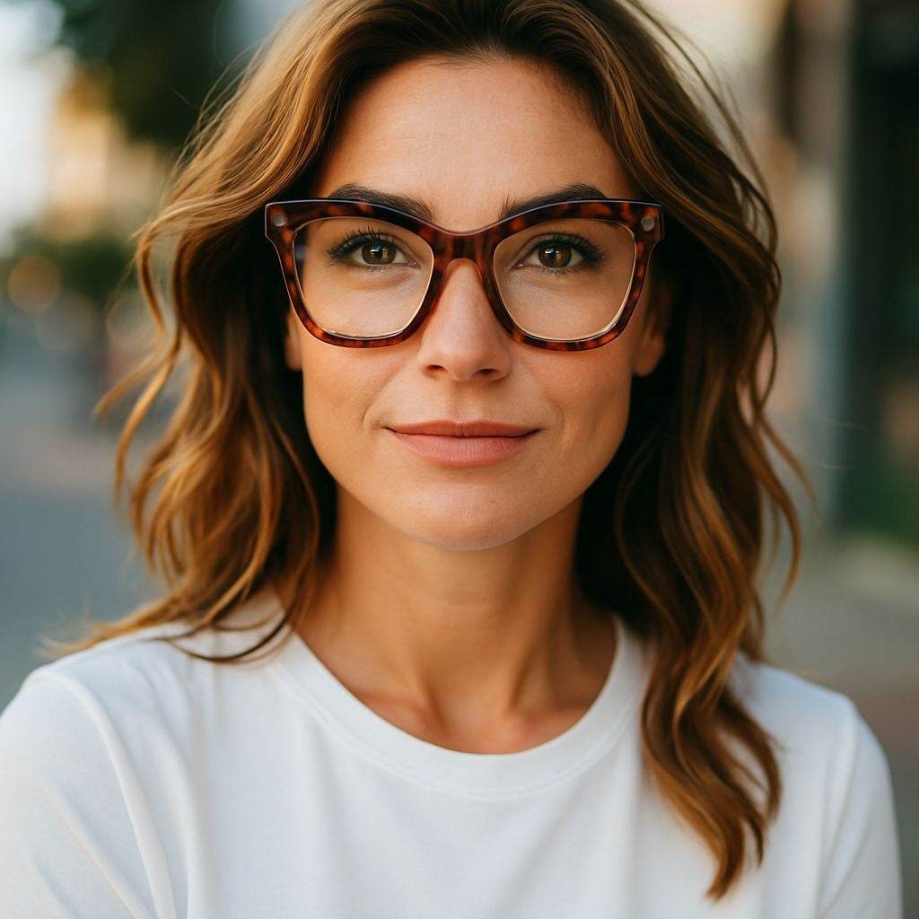 Woman wearing animal print and tortoiseshell blue light filter reading glasses with large square frames