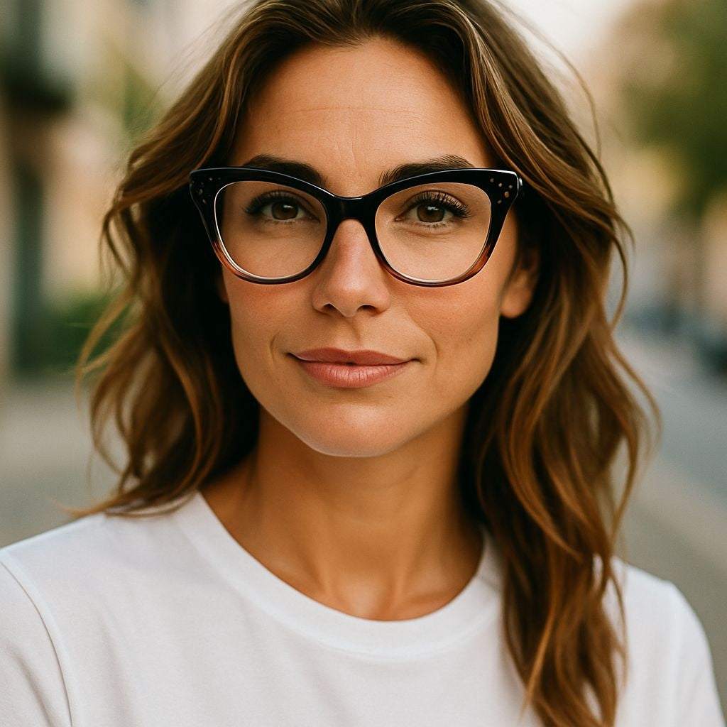 Black and crystal pink cat eye reading glasses with blue light filter worn by woman