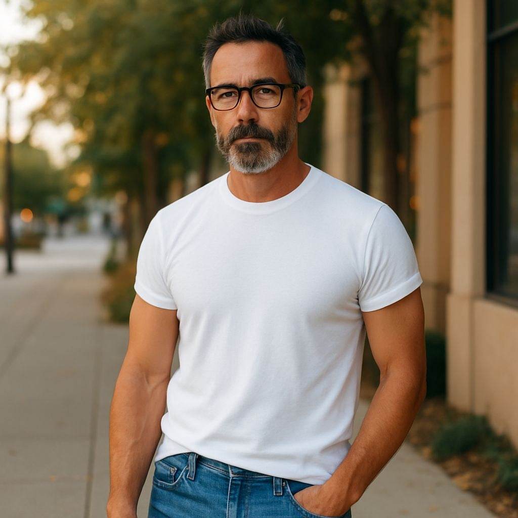 Man wearing Mens Half Frame Square Reading Glasses with blue light filter outdoors