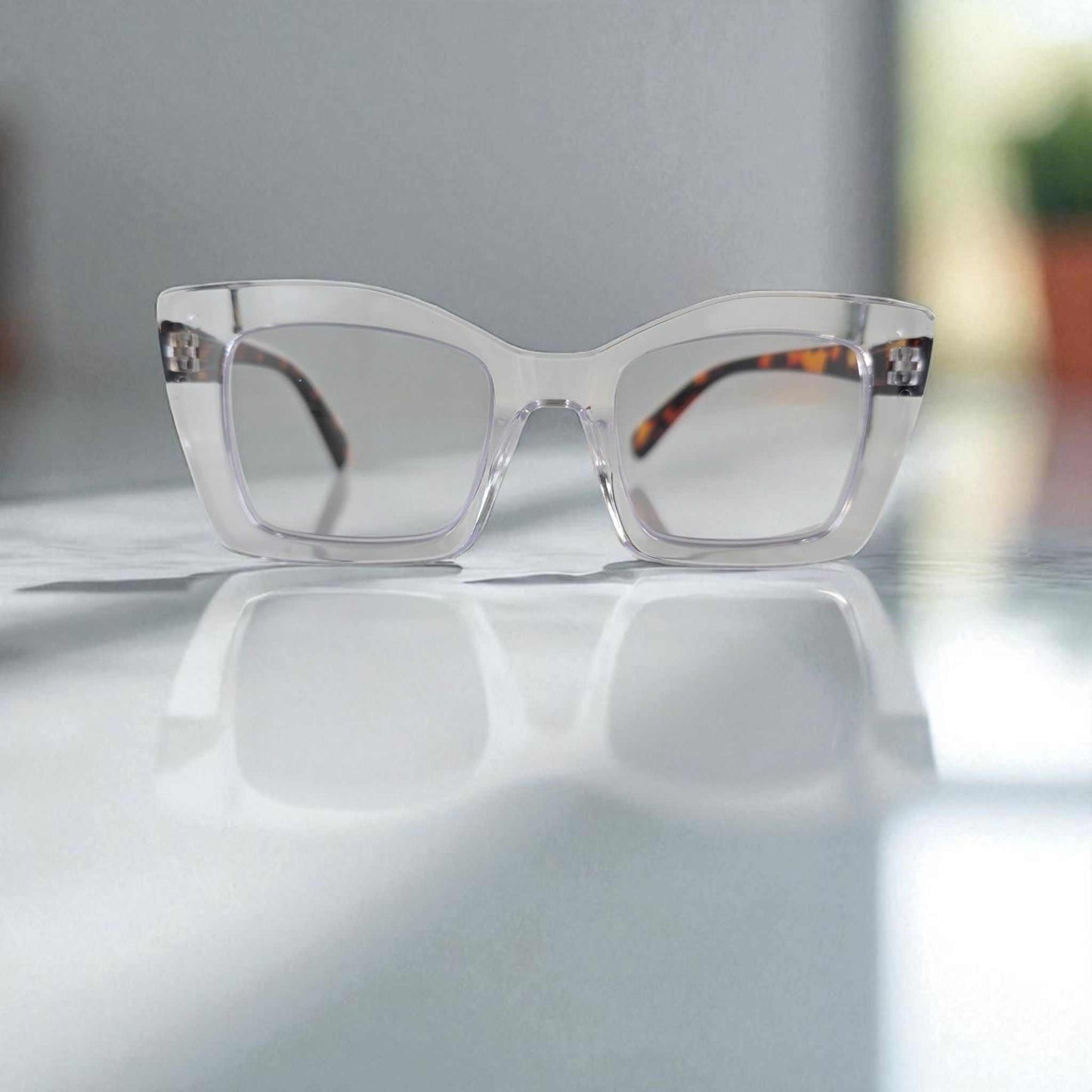 Icy Crystal Clear Tortoiseshell reading glasses with blue light filter and transparent frame design