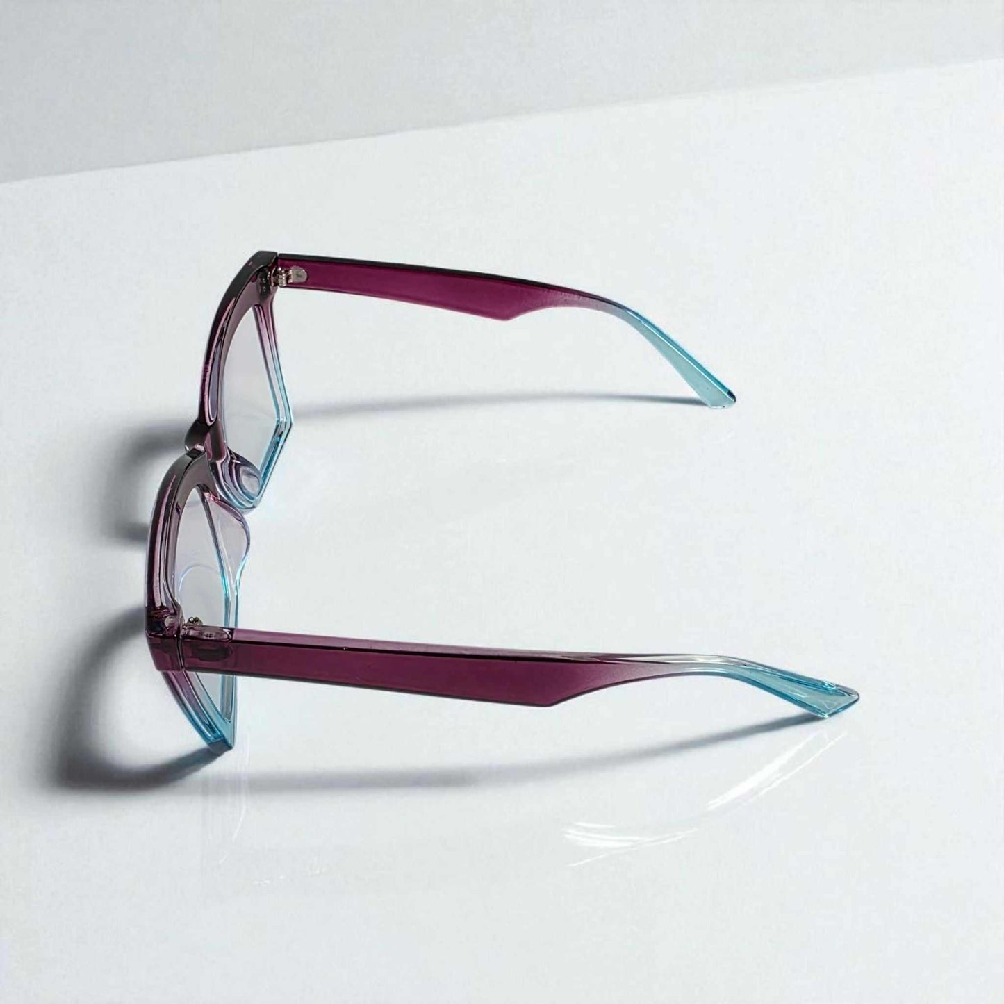 Purple and blue square reading glasses with blue light filter and lightweight frame for eye protection and style