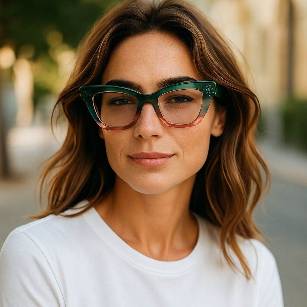 Woman wearing antique pink and green reading glasses with blue light filter outdoors