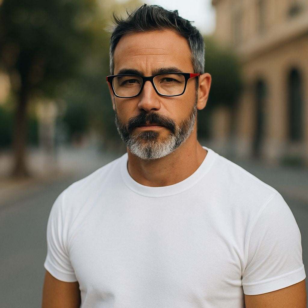 man wearing Mens Basic Sturdy Reading Glasses blue light filter readers with black frames outdoors