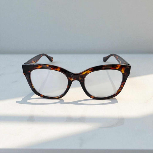 Bold tortoiseshell cat eye reading glasses with blue light filter and sophisticated black frames