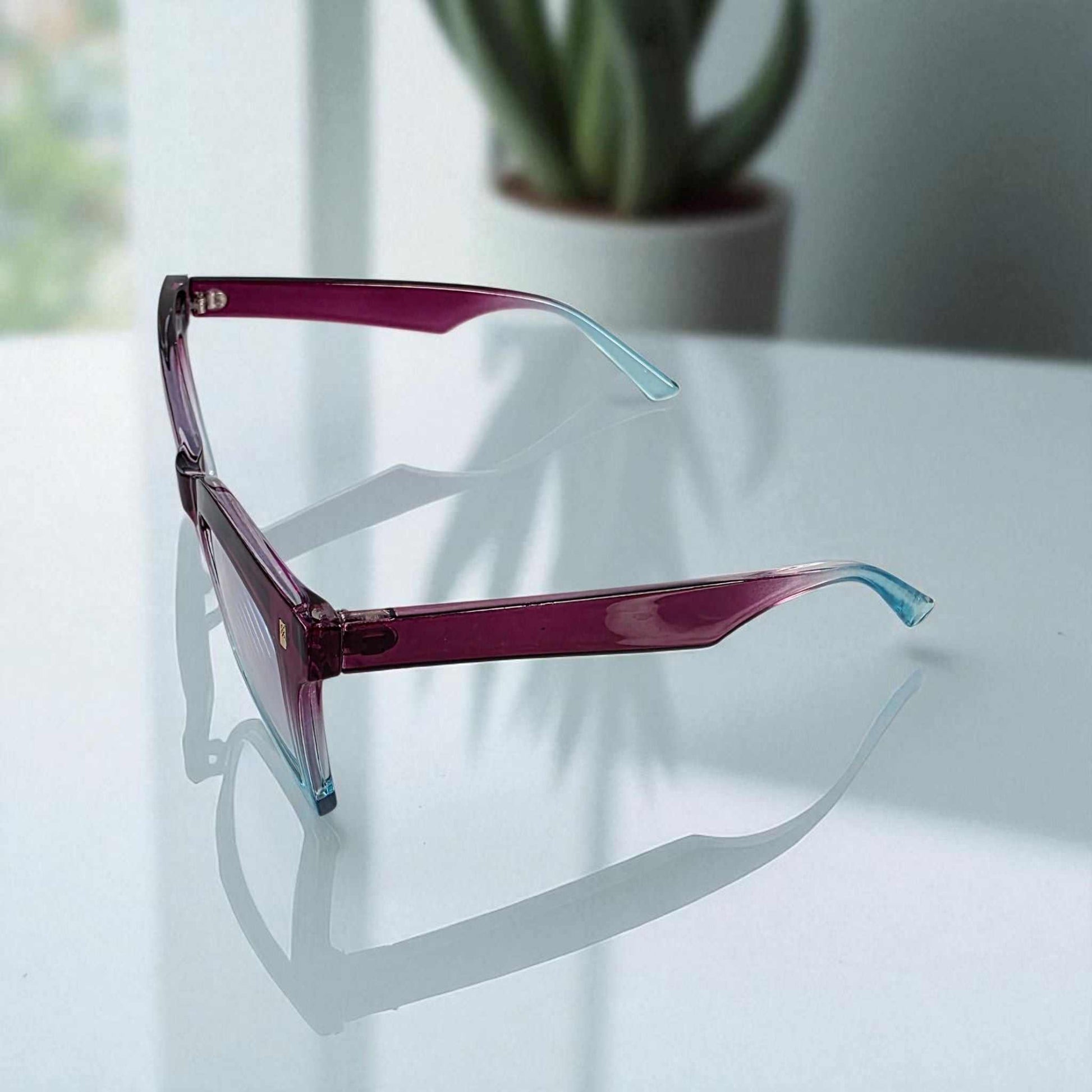 Purple and blue square reading glasses with blue light filter for eye protection and style