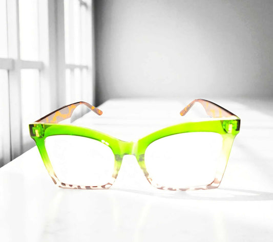 Green and Bold Reading Glasses with vibrant green frames and blue light filter readers