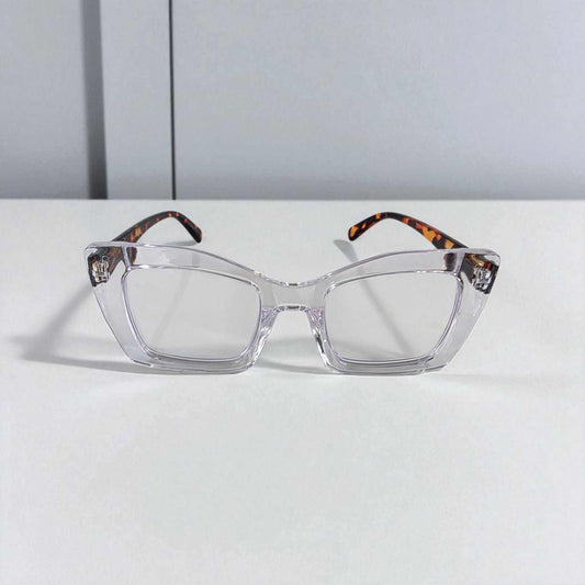 Icy Crystal Clear Tortoiseshell reading glasses with blue light filter and clear lenses on white surface