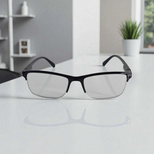 Mens half frame square reading glasses with blue light filter lenses designed for men.