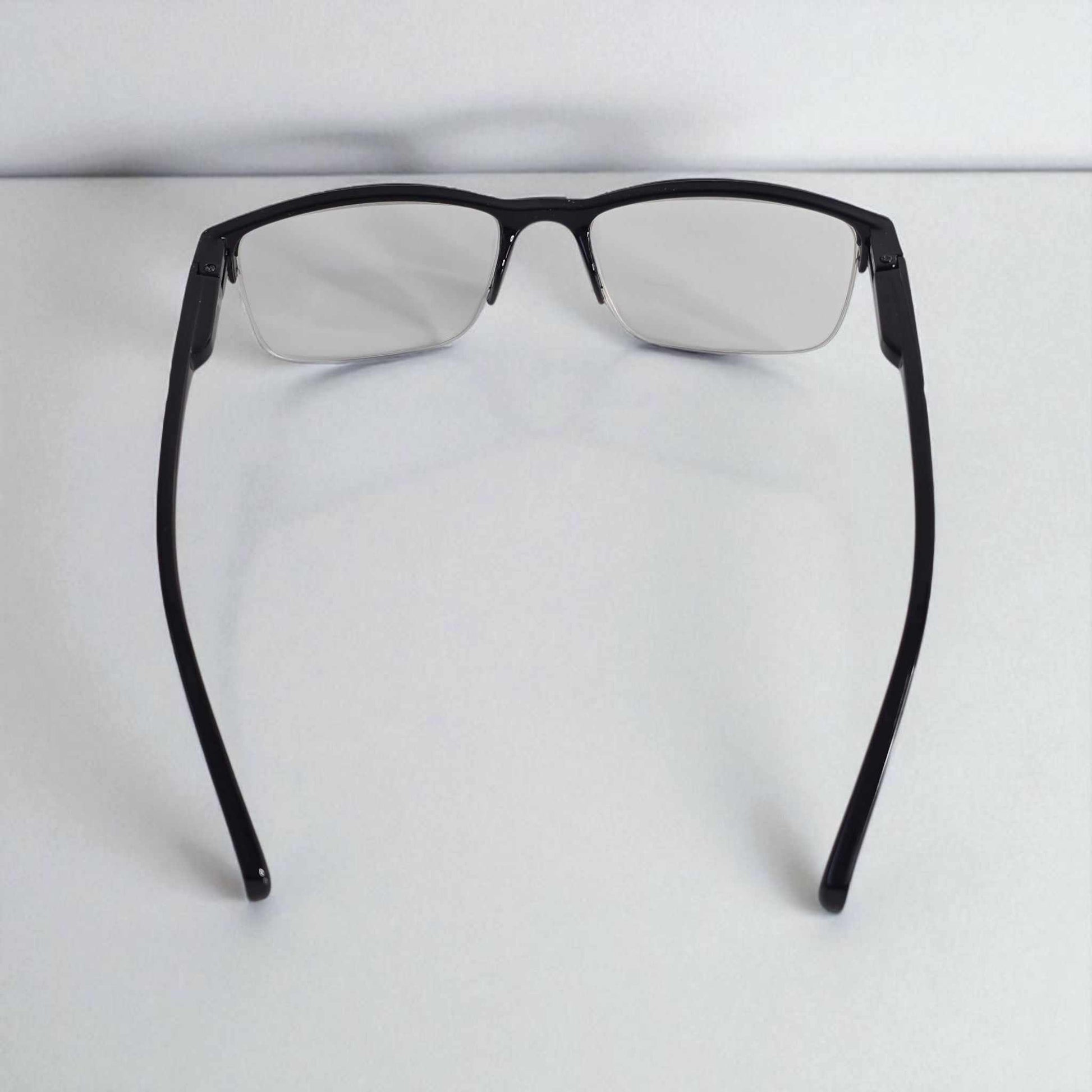 Mens half frame square reading glasses with blue light filter and black frame viewed from above