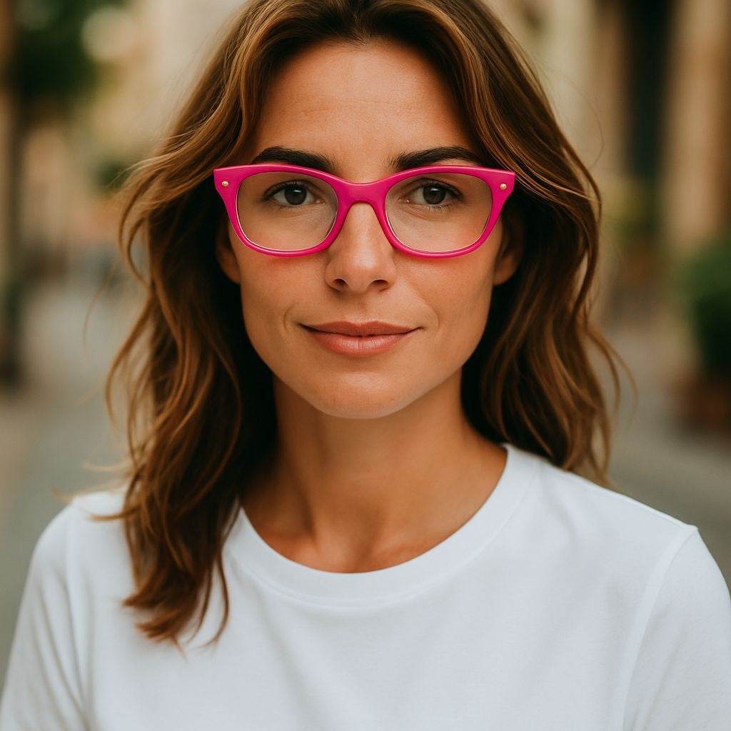 Woman wearing vibrant pink Tickled Pink reading glasses with blue light filter and clear lenses