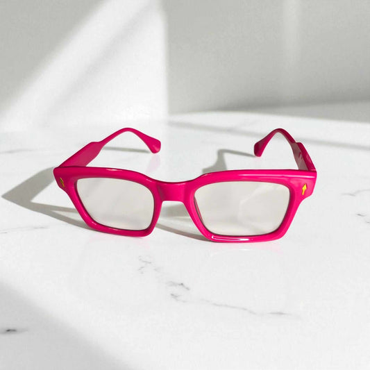 Tickled Pink reading glasses with blue light filter and stylish vibrant pink frames for eye protection and reduced strain.