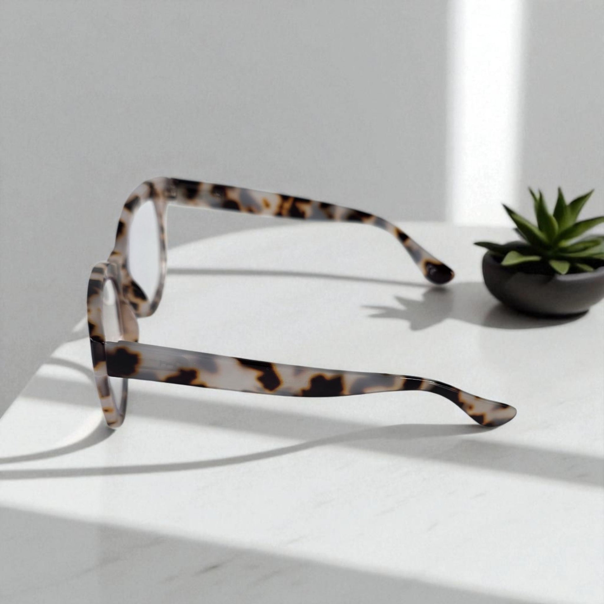 Creamy Ivory Tortoiseshell cat eye reading glasses with blue light filter on white surface next to small green succulent plant
