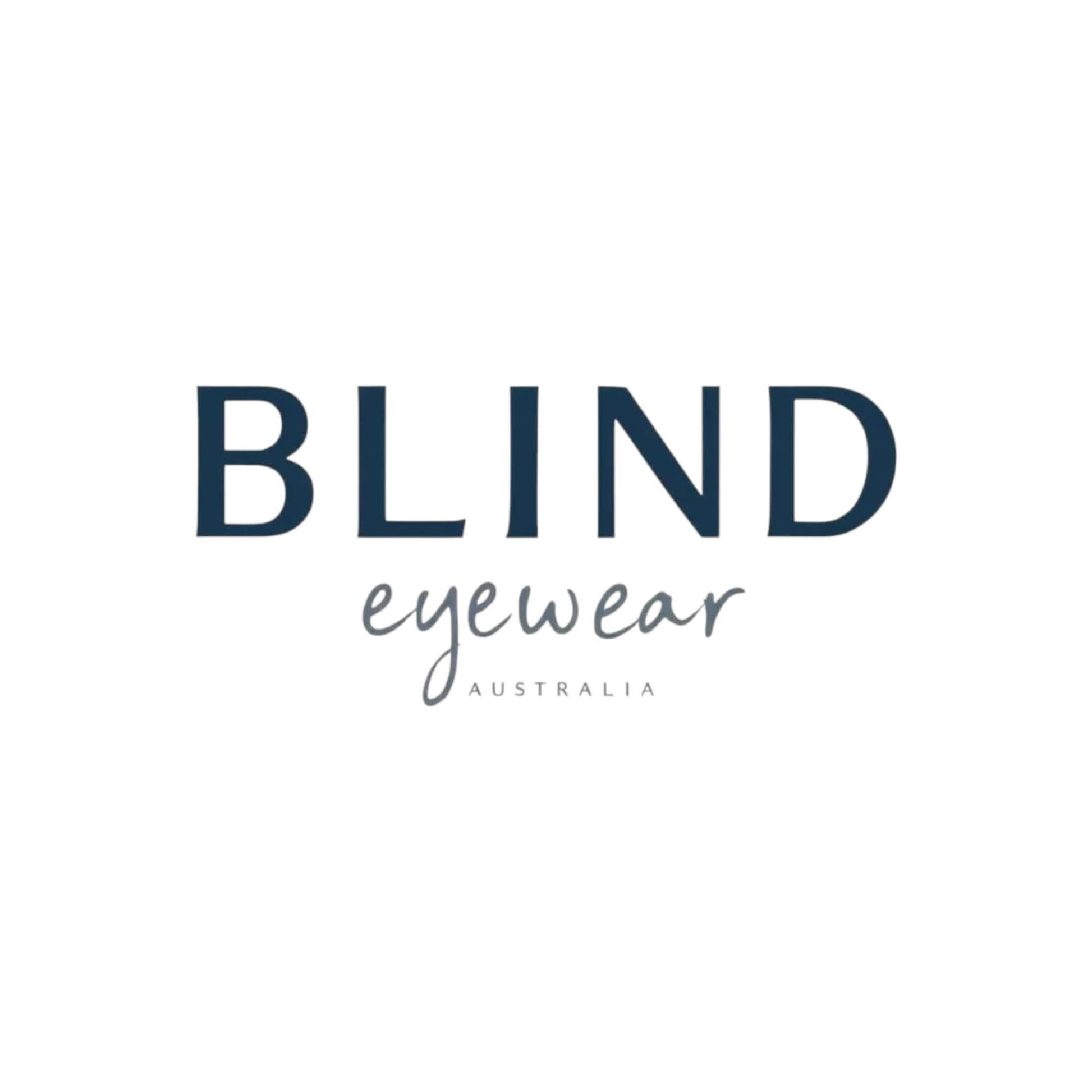 Brand logo of Blind Eyewear Australia in simple black and gray text on white background